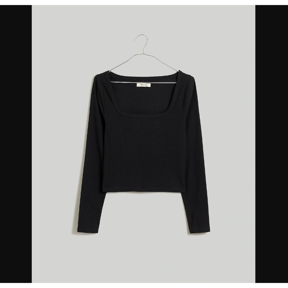 Madewell Womens NEW NWT XXS Black Square Neck Long Sleeve‎ Crop Tee T Shirt
